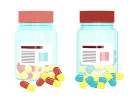 Transparent plastic, light blue amber glass bottles for medicines with red and blue pills or dragee vials closed with cap isolated vector illustrations. Pharmaceutical product packaging