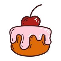 Cute appetizing sweet cherry cake in doodle style with hatching on white background, a hand drawn vector doodle illustration