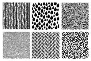 Abstract hand drawn geometric simple minimalistic patterns set. Drops, stripes, lines, squiggles, random symbols textures. Vector illustration