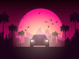 Poster with car. Sunset at the California. Palms, pine trees and City Landscape. Vector illustration in pink colors.