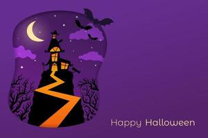 ilustración fondo morado con murciélagos y casa embrujada, feliz halloween, luna brillante en la noche oscura. ilustración para postal, saludo o invitación vector