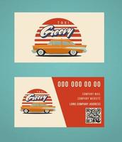 Classic yellow taxi in vintage style with red sun. Business card concept vector
