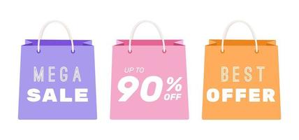 Illustration of three shopping bags. Purple, pink, orange, yellow bag package isolated on white background. Sale. Best offer vector