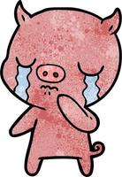Retro grunge texture cartoon pig crying vector