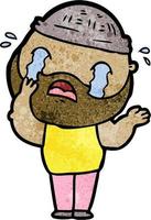 Retro grunge texture cartoon man with beard crying vector