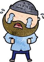 Retro grunge texture cartoon man with beard crying vector