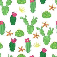 Funny cacti seamless repeat pattern, green succulents with flowers on white background vector