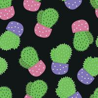 patrones sin fisuras lindos cactus en macetas, ilustración vibrante en estilo de fideos, vector plano