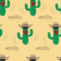 Cactus cowboy seamless pattern, green cactus character with hat and eye mask in the desert, repeat design for print on baby products, fabric, wallpaper, stationery vector