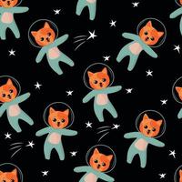 Cat astronaut in space seamless pattern, cartoon kitten and and stars on a black background vector