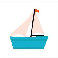 Blue boat with red flag on white background. Vector isolated image for use in web design or as print