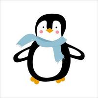 Penguin in blue scarf on white background. Vector isolated image for use in web design or clipart