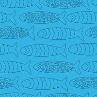 Seamless pattern fish silhouettes, line art sardine repeating pattern in linocut style, marine life sketch vector