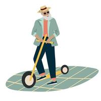 Old man riding kick  scooter, Grandpa and technology, happy old age vector