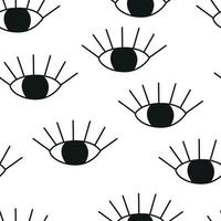 One line eye drawing, seamless black and white pattern, doodle simple background vector