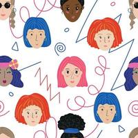 Human heads seamless pattern, faces of girls bright colors flat style vector