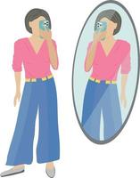 Girl makes a selfie looking in the mirror, woman and her reflection flat style illustration vector