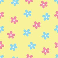 Seamless pattern blue and pink flowers, minimalistic doodles in pastel colors, simple illustrations of flowers on a light yellow background vector