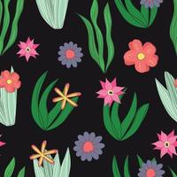 Hand drawn plant and flowers on black background seamless vector pattern