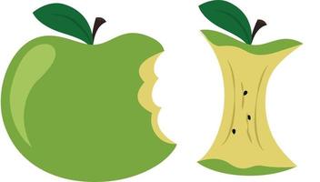 manzana verde mordida, núcleo de manzana fresca y jugosa y hoyos vector