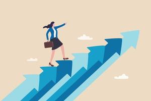 Career growth, growing business or leadership to overcome challenge, motivation to succeed, career development or ambition to success concept, confidence businesswoman walking up growth arrow stair. vector