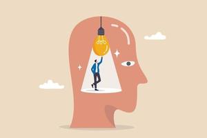 Intelligence thinking, wisdom or intuition in genius brain, creative mindset or emotional intelligence, smart thinking or psychology concept, smart man turn on lightbulb idea inside his genius head. vector