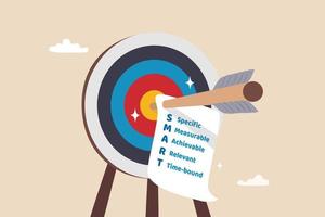 Setting SMART goal, acronym with specific, measurable, achievable, relevant and time, planning for realistic target concept, arrow bow hit bullseye with note paper written business SMART goal.