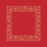 Square frame of golden snowflakes on red background for winter holiday greetings, space for text in the center. Vector illustration