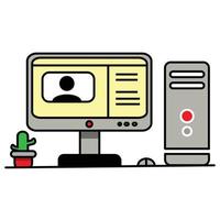 Modern concept, illustration of monitor and CPU computer. icon. Line art. outline. Flat art vector