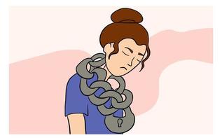 Psychological situation vector flat illustration. Depressed woman with a heavy chain and a closed lock around her neck
