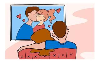 situación psicológica vector ilustración plana. feliz pareja hombre y mujer viendo una película juntos en el sofá en casa