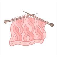 Vector color illustration of a sample of a knitted pattern on knitting needles. Knitting hobby handmade