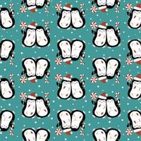 Seamless pattern with cute Christmas penguins on green background. Perfect for textile, wallpaper or print design. vector