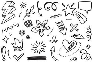 Abstract arrows, ribbons, fireworks, hearts, lightning,love , leaf, stars, cone, crowns and other elements in a hand drawn style for concept designs. Scribble illustration. vector