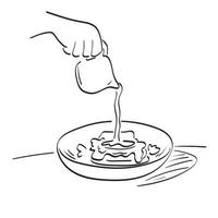 mano de primer plano vertiendo salsa en la ilustración de alimentos vector dibujado a mano aislado en el arte de línea de fondo blanco.