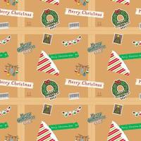 vintage parcel box decorated with Christmas stickers seamless pattern Gift Wrap background wallpaper vector