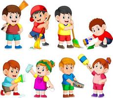 a group of children holding the cleaning tools to clean something vector