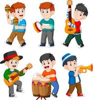 the collection of the boy playing with the different musical instrument vector