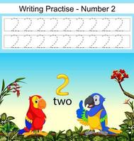 the writing practices number 2 with two beautiful parrots under it vector