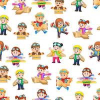 Seamless pattern with kids playing with the cardboard box plane vector