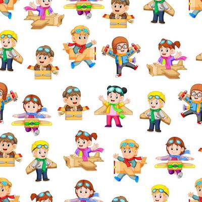 Seamless pattern with kids playing with the cardboard box plane