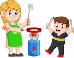 Mother and her son cooking egg with a frying vector