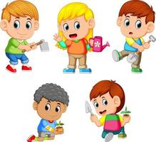 a group of happy children holding the garden tools vector