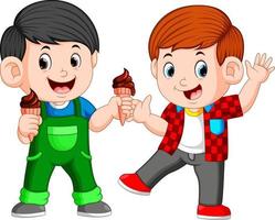 Two boy eating chocolate ice cream in waffles cone vector