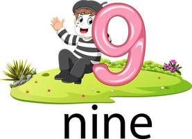 little pantomime playing with the 9 balloon number and text on the grass vector