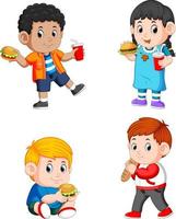 a collection of the children holding their fast food and soda with their hands vector