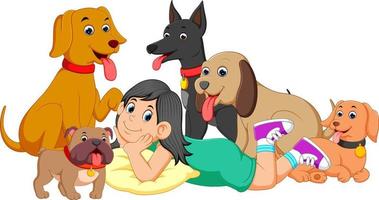 una niña y sus cinco perros vector