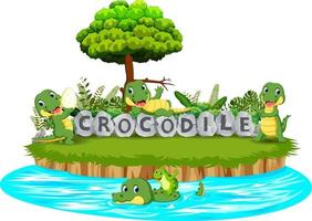 Crocodile are playing together in the garden with stone letter vector
