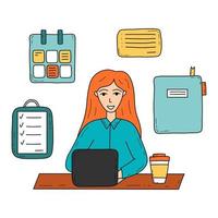 Doodle woman working with laptop vector isolated illustration