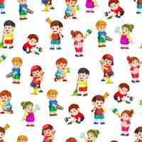 Seamless pattern with children holding the cleaning tools vector